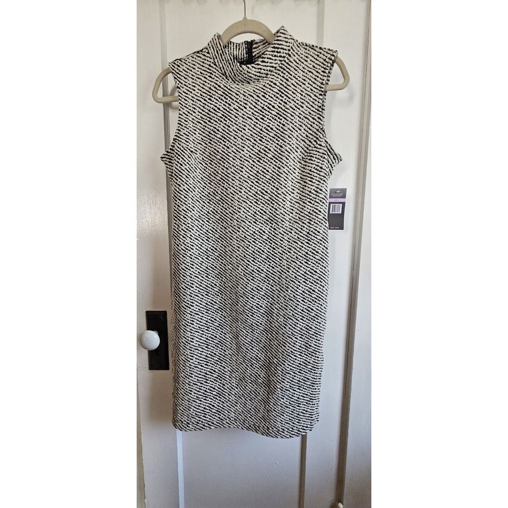 NWT sharagano black ivory‎ Cotton blend sleeveless mock neck dress Sz 6